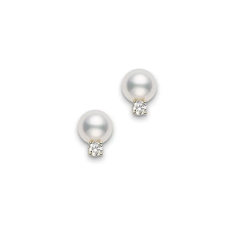 Cultured Pearl and Diamond Stud Earrings - Mikimoto