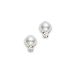 Cultured Pearl and Diamond Stud Earrings - Mikimoto