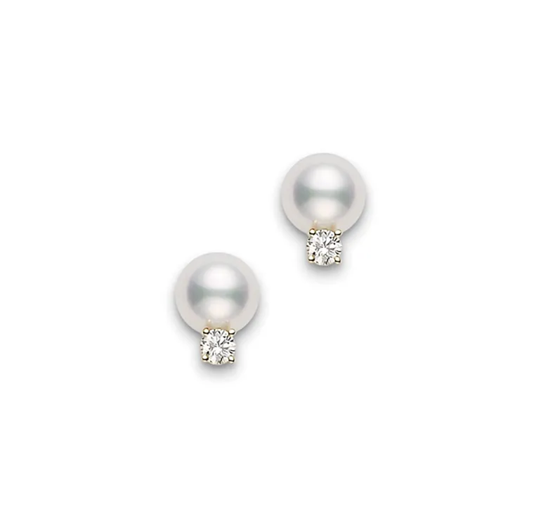 Cultured Pearl and Diamond Stud Earrings - Mikimoto