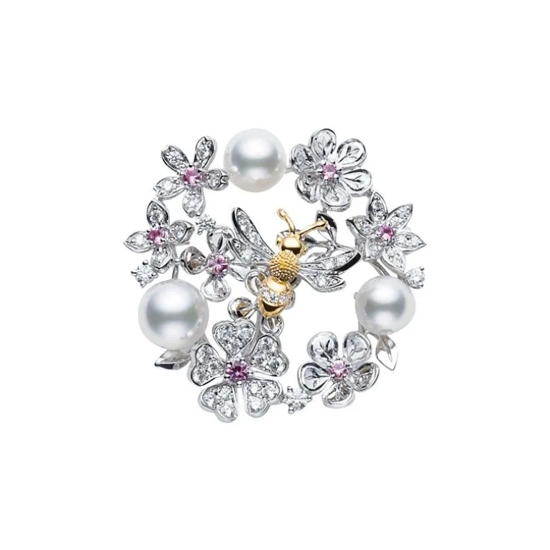 Floral Akoya Cultured Pearl, Diamond and Sapphire Brooch