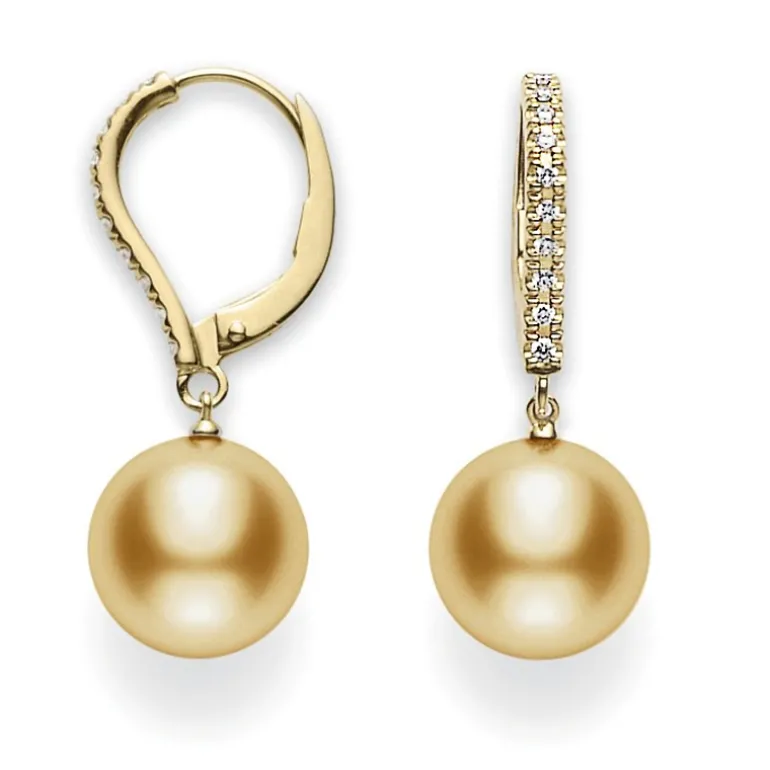 Golden South Sea Cultured Pearl Earrings with Diamonds in 18K Yellow Gold