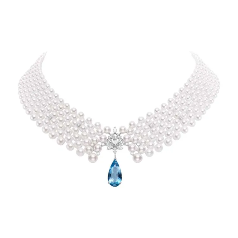 Lace Akoya Cultured Pearl Necklace with Diamonds and Aquamarine