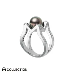 M Collection Black South Sea Cultured Pearl Ring in 18K White Gold