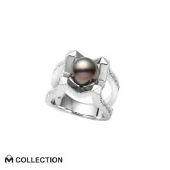 M Collection Black South Sea Cultured Pearl Ring in 18K White Gold