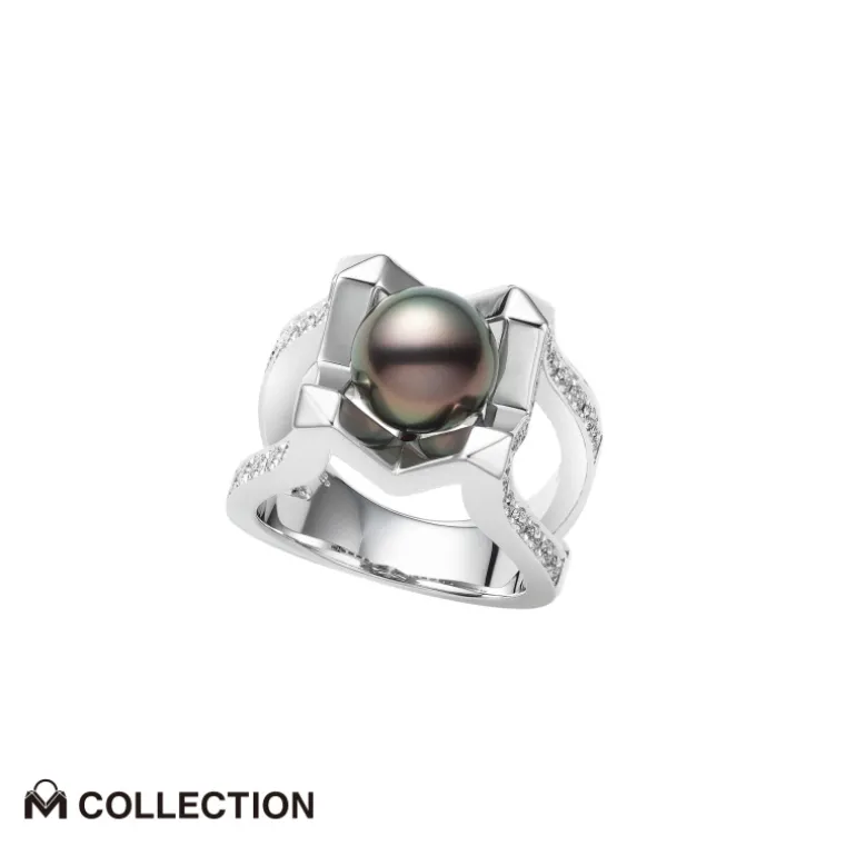 M Collection Black South Sea Cultured Pearl Ring in 18K White Gold
