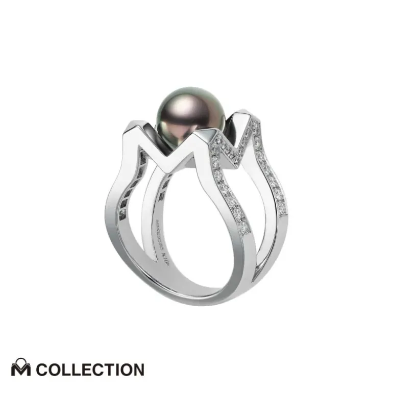 M Collection Black South Sea Cultured Pearl Ring in 18K White Gold