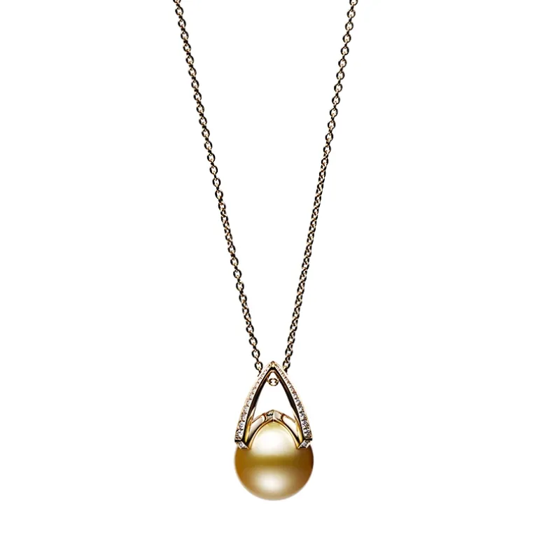 M Collection Golden South Sea Cultured Pearl Pendant with Diamonds in 18K Yellow Gold