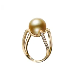 M Collection Golden South Sea Cultured Pearl Ring with Diamonds in 18K Yellow Gold