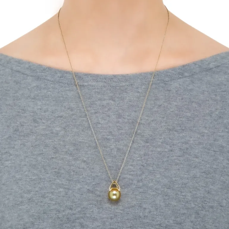 M Collection Golden South Sea Cultured Pearl Pendant with Diamonds in 18K Yellow Gold