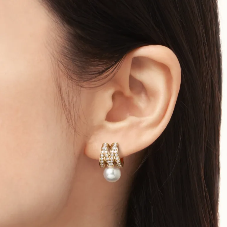 M Signature Akoya Cultured Pearl and Diamond Earrings in 18K Yellow Gold