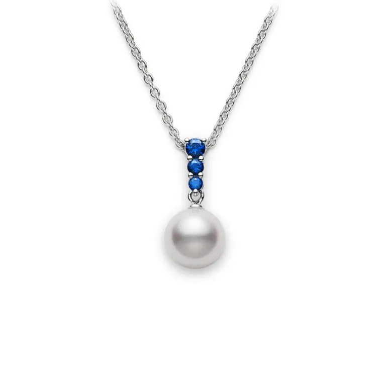 Morning Dew Akoya Cultured Pearl Pendant with Blue Sapphire – 18K White Gold