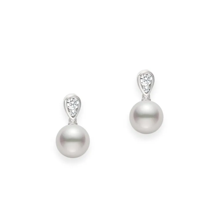 Morning Dew Diamond and Akoya Cultured Pearl Earrings in 18K White Gold