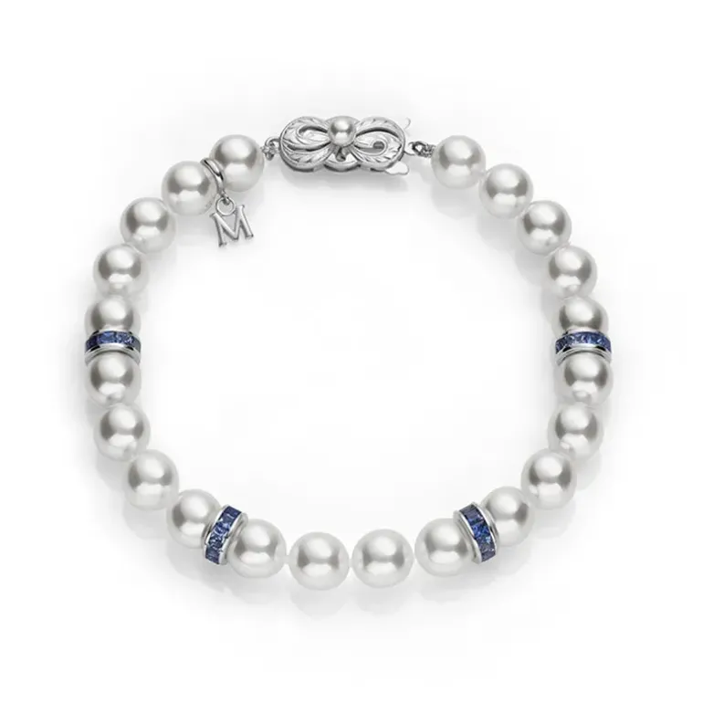 Ocean Akoya Cultured Pearl and Sapphire Rondelle Bracelet in 18K White Gold
