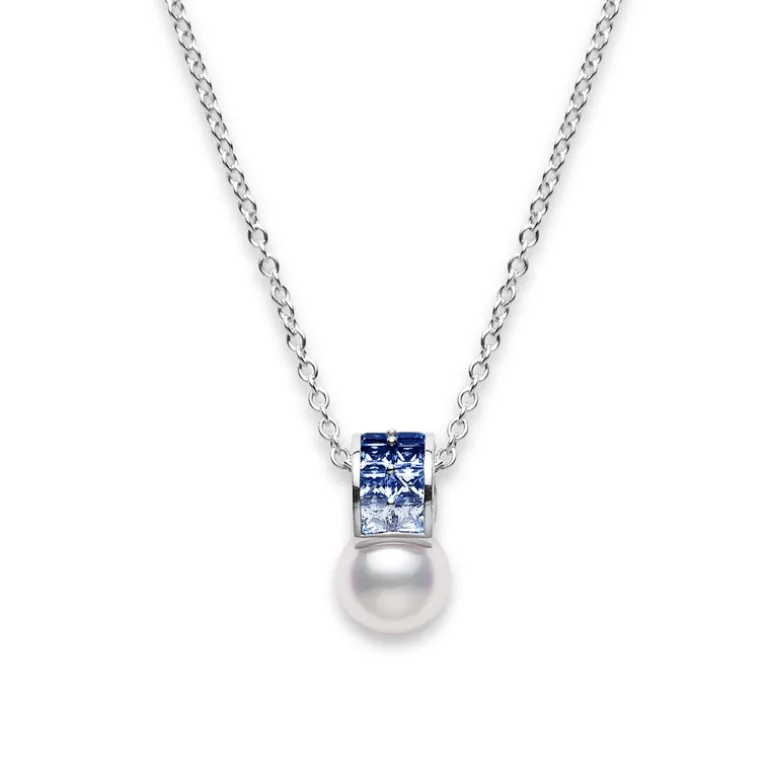 Ocean Akoya Cultured Pearl and Sapphire Pendant in 18K White Gold
