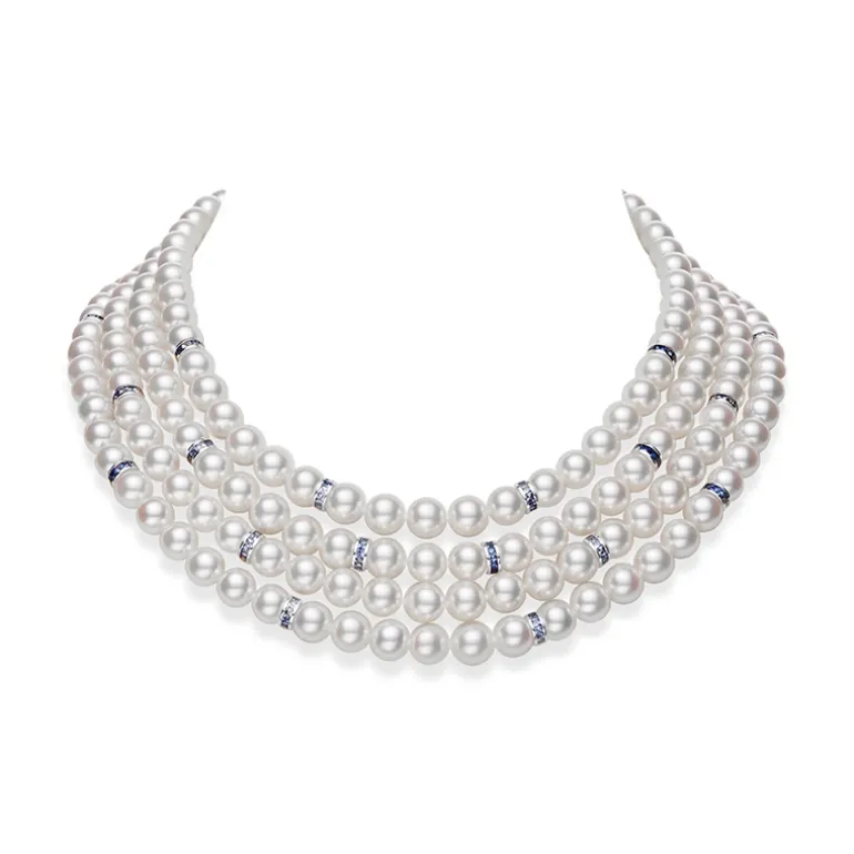 Ocean Collection Akoya Cultured Pearl Necklace with Sapphire and Diamond Rondelles in 18K White Gold