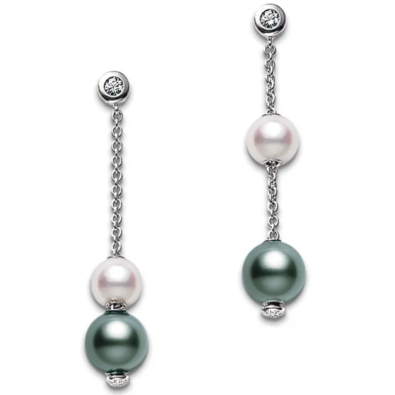 Pearls in Motion Black South Sea and Akoya Cultured Pearl Earrings in 18K White Gold