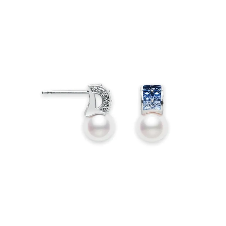 Sapphire and Pearl Earrings, Ocean Earrings - Mikimoto