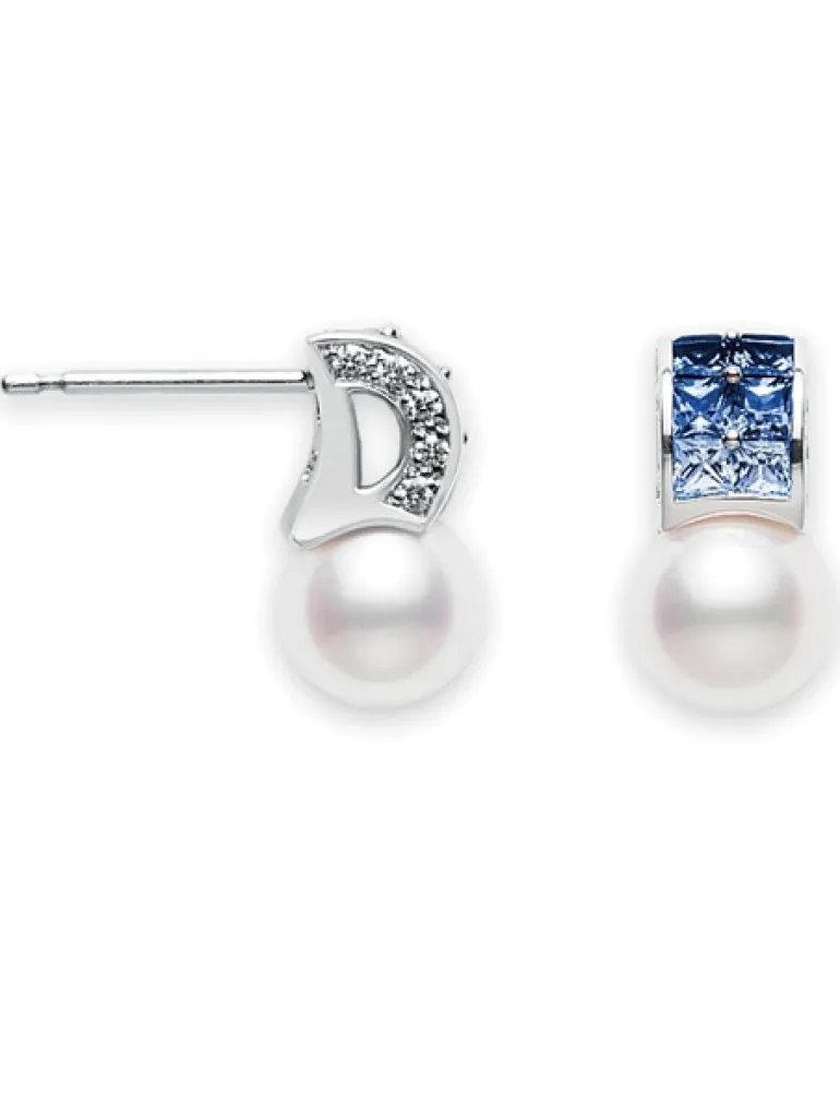 Sapphire and Pearl Earrings, Ocean Earrings - Mikimoto