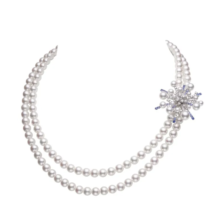 Splash Collection Akoya Cultured Pearl Sapphire and Diamond Necklace with Removable Brooch