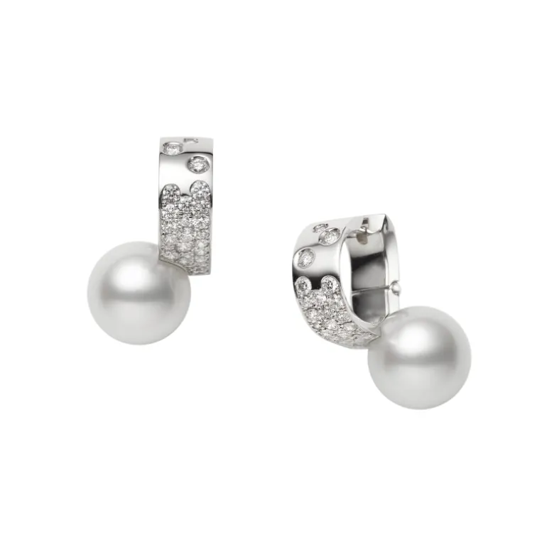 Universe Elements White South Sea Cultured Pearl and Diamond Earrings in 18K White Gold