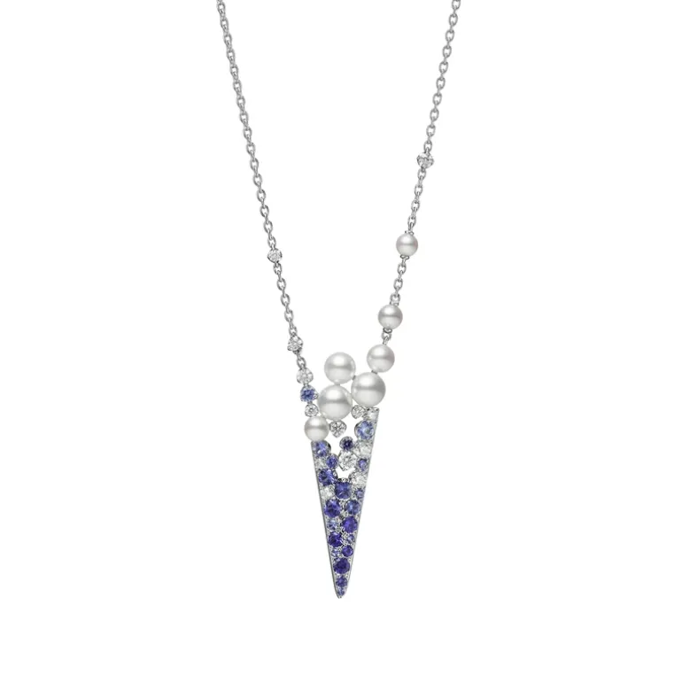 V Code Akoya Cultured Pearl, Diamond and Sapphire Pendant in 18K White Gold