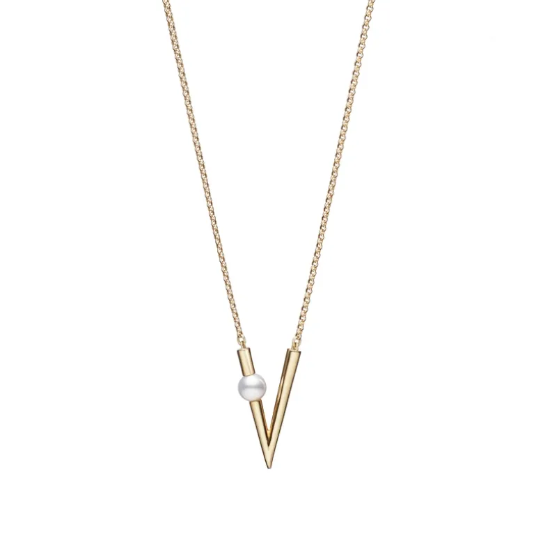 V Code Akoya Cultured Pearl Pendant in 18K Yellow Gold