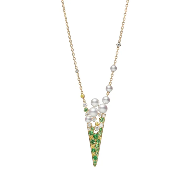 V Code Akoya Cultured Pearl Diamond and Garnet Pendant in 18K Yellow Gold