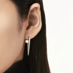 V Code Akoya Cultured Pearl Earrings in 18K White Gold and Silver