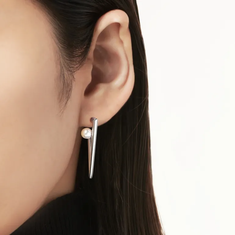 V Code Akoya Cultured Pearl Earrings in 18K White Gold and Silver
