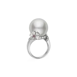 White South Sea Cultured Pearl and Diamond Ring Floral in 18K White Gold