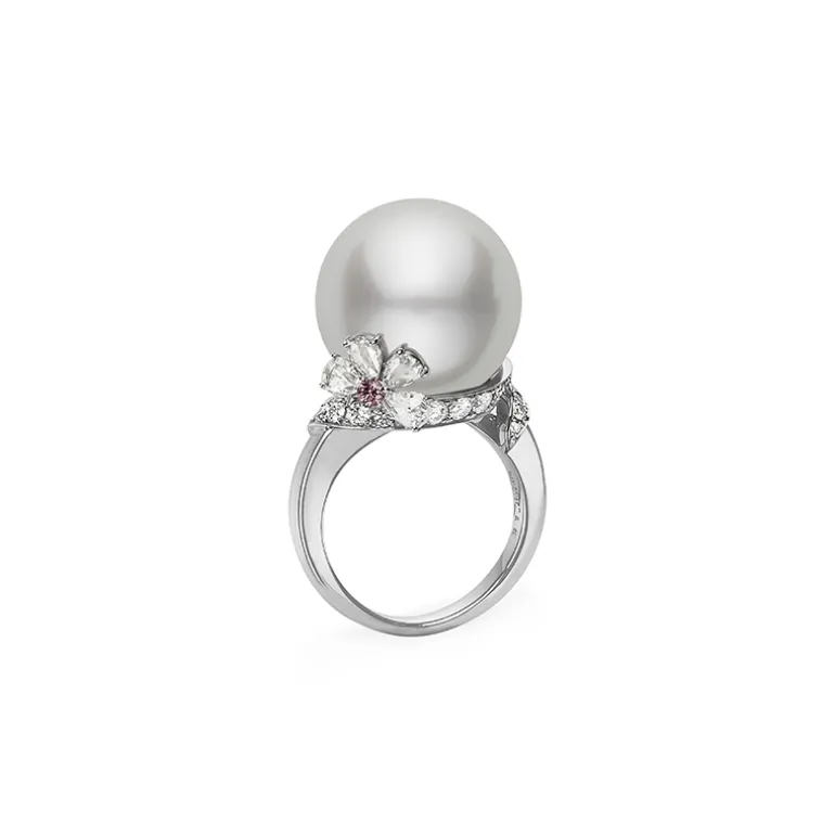 White South Sea Cultured Pearl and Diamond Ring Floral in 18K White Gold