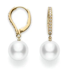 White South Sea Cultured Pearl Earrings with Diamonds in 18K Yellow Gold