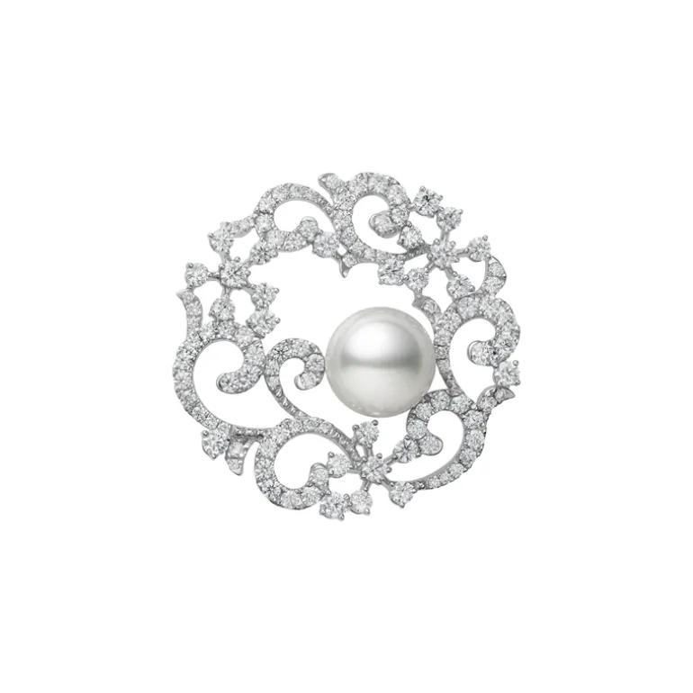 White South Sea Cultured Pearl and Diamond Brooch in 18K White Gold