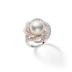 White South Sea Cultured Pearl and Diamond Circle Ring in 18K Pink Gold and Platinum