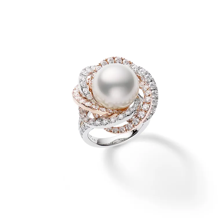 White South Sea Cultured Pearl and Diamond Circle Ring in 18K Pink Gold and Platinum